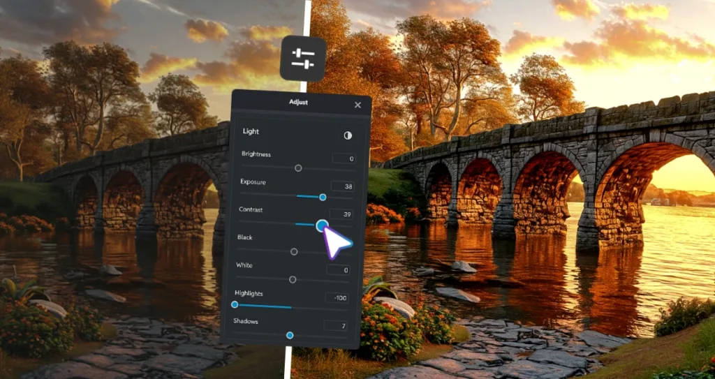 Before-and-after photo light adjustment showing a stone bridge at sunset with brightness, exposure, and contrast editing controls to enhance lighting while preserving the image's mood.