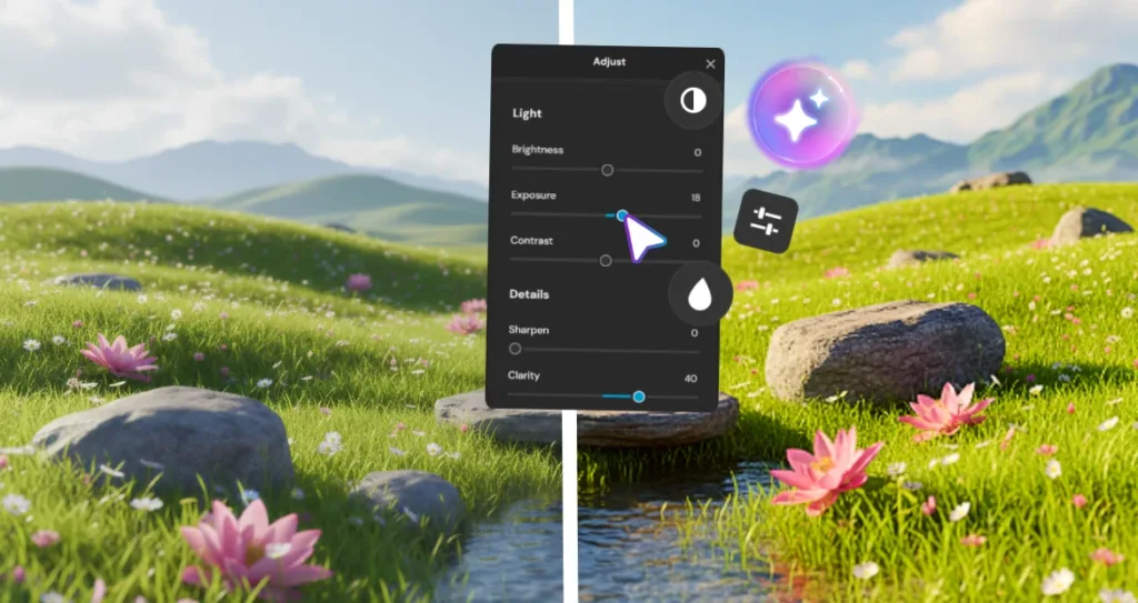 Before-and-after AI-assisted photo enhancement showing light, exposure, sharpness, and clarity adjustments applied to a scenic landscape while maintaining natural colors and creative control.