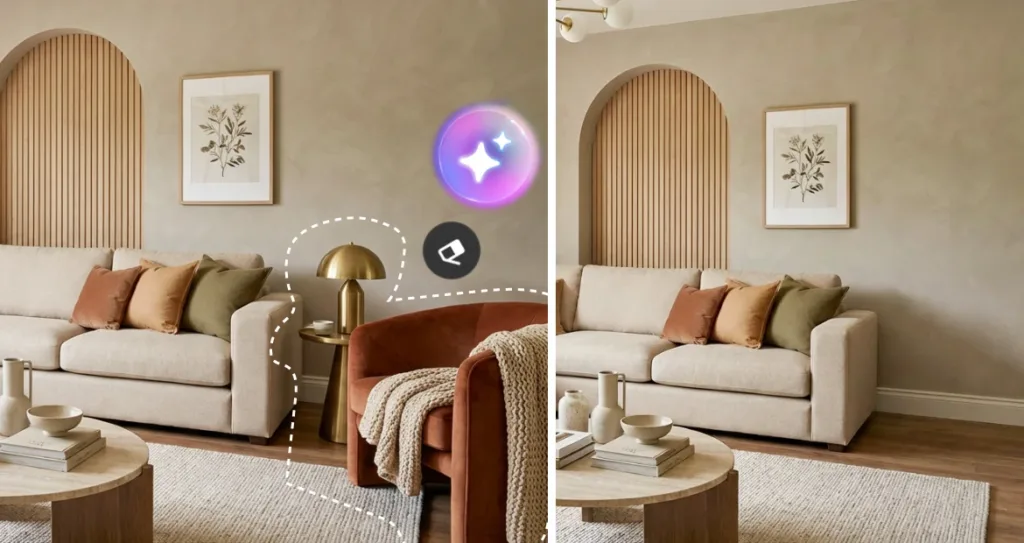 Before-and-after AI object removal in a modern living room, showing how removing furniture can simplify a photo while preserving the space's natural style and visual story.
