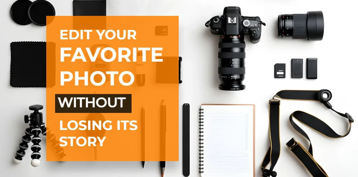 Edit your favorite photo without losing its story – camera flat lay with photography accessories and editing concept.