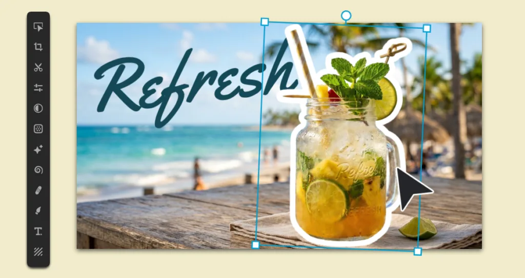 A screenshot of the Pixlr editor showing a tropical beach-themed design in progress. The canvas features the word "Refresh" in a large script font over a blurred beach background, with a cut-out mason jar filled with a citrus and mint drink outlined in white being resized using the editor's transform handles. The Pixlr editing toolbar is visible on the left, demonstrating image composition and design editing.