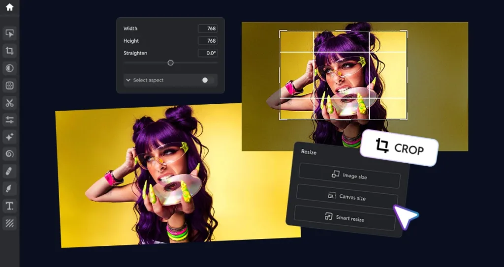 Photo cropping and resizing interface showing image straighten, aspect ratio selection, smart resize, and crop tools to refine composition while preserving the subject and original story.