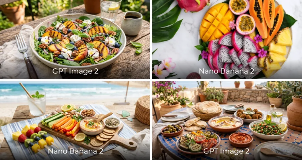 A four-panel collage featuring fresh summer meals and tropical produce. The images include a grilled peach salad with leafy greens, feta cheese, pecans, and blueberries, a colorful tropical fruit platter with mango, dragon fruit, papaya, passion fruit, and pineapple, a beachside snack board with hummus, fresh vegetables, crackers, nuts, fruit skewers, and a refreshing drink, and a Mediterranean-inspired outdoor spread with hummus, grilled vegetables, falafel, tabbouleh, pita bread, olives, and dips. Each panel is labeled with either "GPT Image 2" or "Nano Banana 2."