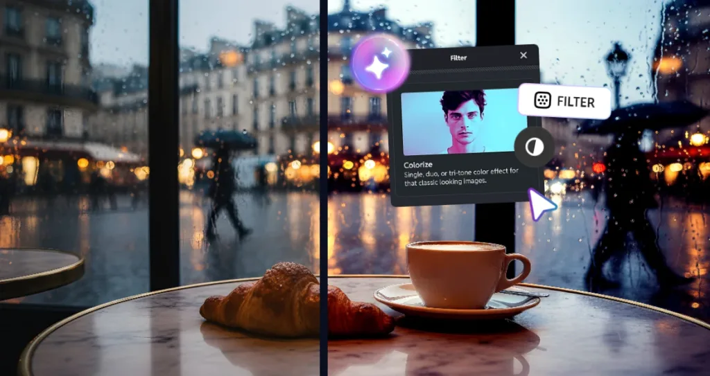 Before-and-after photo showing a cozy café scene with a coffee cup and croissant by a rainy window, demonstrating subtle filter adjustments that enhance the image while preserving its original mood and atmosphere.