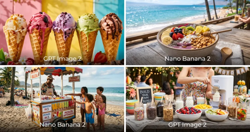 A four-panel collage showcasing summer frozen treats and desserts. The images feature colorful ice cream cones in assorted flavors against a bright pastel background, a tropical smoothie bowl topped with fresh fruit, granola, and coconut overlooking a beach, a beachside ice cream cart serving popsicles to children on a sunny day, and a frozen yogurt bar with fresh fruit, sprinkles, granola, and other toppings for a build-your-own dessert experience. Each panel is labeled with either "GPT Image 2" or "Nano Banana 2.