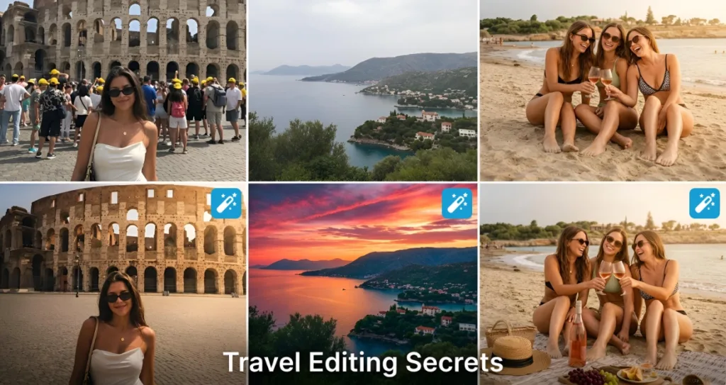 Collage showcasing Pixlr Express AI photo editing tools for beginners. Before-and-after examples demonstrate AI Remove Object to erase background crowds, Generative Fill to replace a cloudy sky with a vibrant sunset, and Generative Assistant to add a beach picnic scene, highlighting how AI transforms ordinary summer travel photos into professional-looking images.