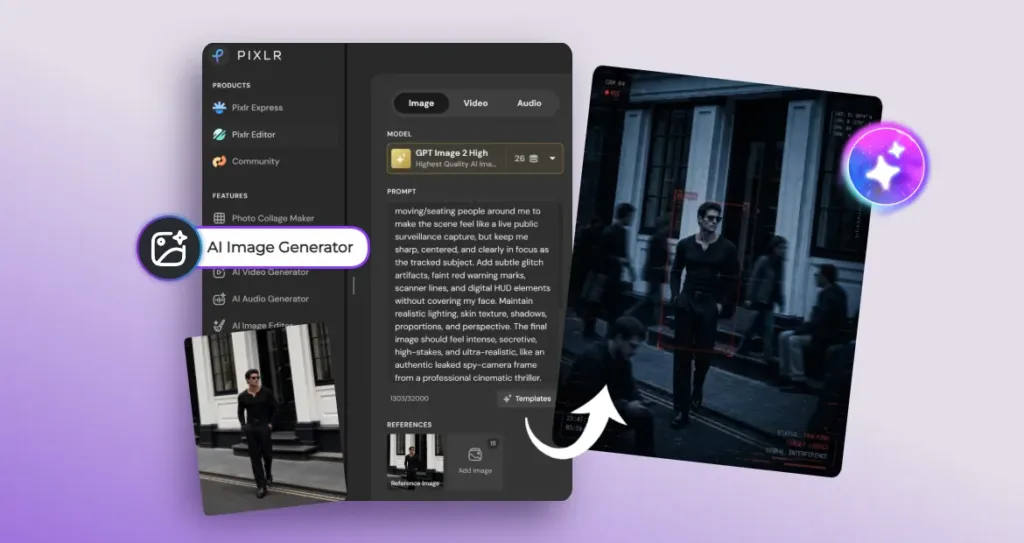 Pixlr AI Image Generator interface showing a prompt used to create a cinematic surveillance camera tracking effect. A reference photo of a man is transformed into a realistic spy-camera style image with AI tracking boxes, HUD overlays, and a futuristic surveillance aesthetic.