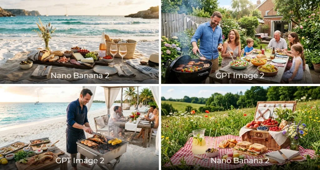 A four-panel collage featuring summer outdoor dining experiences. The images include a beach picnic with a charcuterie board and sparkling drinks by the ocean, a family enjoying a backyard barbecue with grilled food and fresh salads, a chef grilling seafood and vegetables at a beachfront dining setup, and a countryside picnic with sandwiches, fresh fruit, pastries, lemonade, and a wicker basket spread across a checkered blanket in a flower-filled meadow. Each panel is labeled with either "Nano Banana 2" or "GPT Image 2."