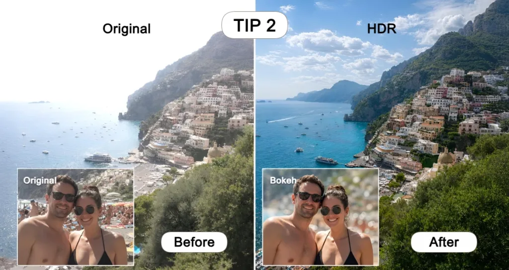 Before-and-after comparison of a summer coastal travel photo edited with Pixlr Express HDR and Bokeh filters. The original image appears overexposed and washed out, while the edited version features enhanced colors, improved contrast, sharper details, and a portrait with a blurred bokeh background for a professional look.