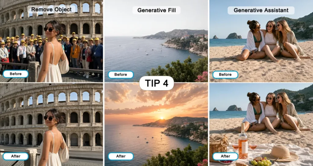 Collage showcasing Pixlr Express AI editing tools for summer travel photos. The image demonstrates Remove Object to erase background crowds, Generative Fill to replace a dull sky with a vibrant sunset, and Generative Assistant to add a beach picnic scene, with before-and-after comparisons highlighting seamless AI-powered photo enhancements.