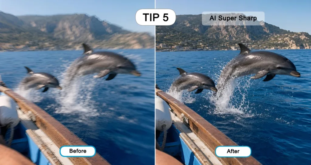 Before-and-after comparison of a blurry dolphin photo enhanced with Pixlr Express AI Super Sharp. The original image shows motion blur from dolphins jumping beside a boat, while the edited version restores sharp details, improves clarity, and enhances the dolphins, ocean, and mountain background for a crisp, high-quality travel photo.