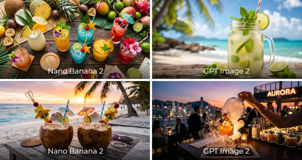 A four-panel collage showcasing tropical summer drinks in beach and rooftop settings. The images feature colorful fruit cocktails, a refreshing mojito in a mason jar garnished with mint and lime, coconut drinks topped with fresh fruit on a tropical beach at sunset, and a smoky signature cocktail served at a rooftop bar overlooking a city skyline. Each panel is labeled with either "Nano Banana 2" or "GPT Image 2."