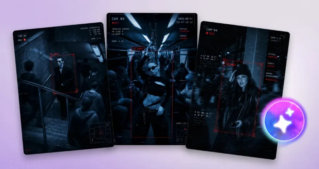 Three AI-generated cinematic surveillance images showcasing different AI camera tracking styles. Each image features a subject highlighted with tracking boxes, futuristic HUD overlays, timestamp displays, and security camera visuals, demonstrating creative variations for transforming portraits into realistic spy-camera scenes.
