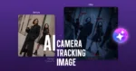 Before-and-after comparison of an AI camera tracking effect applied to a fashion portrait of two women. The original photo is transformed into a cinematic surveillance scene featuring futuristic tracking boxes, HUD overlays, blue-toned security camera visuals, and a realistic spy-camera aesthetic.