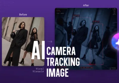 Before-and-after comparison of an AI camera tracking effect applied to a fashion portrait of two women. The original photo is transformed into a cinematic surveillance scene featuring futuristic tracking boxes, HUD overlays, blue-toned security camera visuals, and a realistic spy-camera aesthetic.