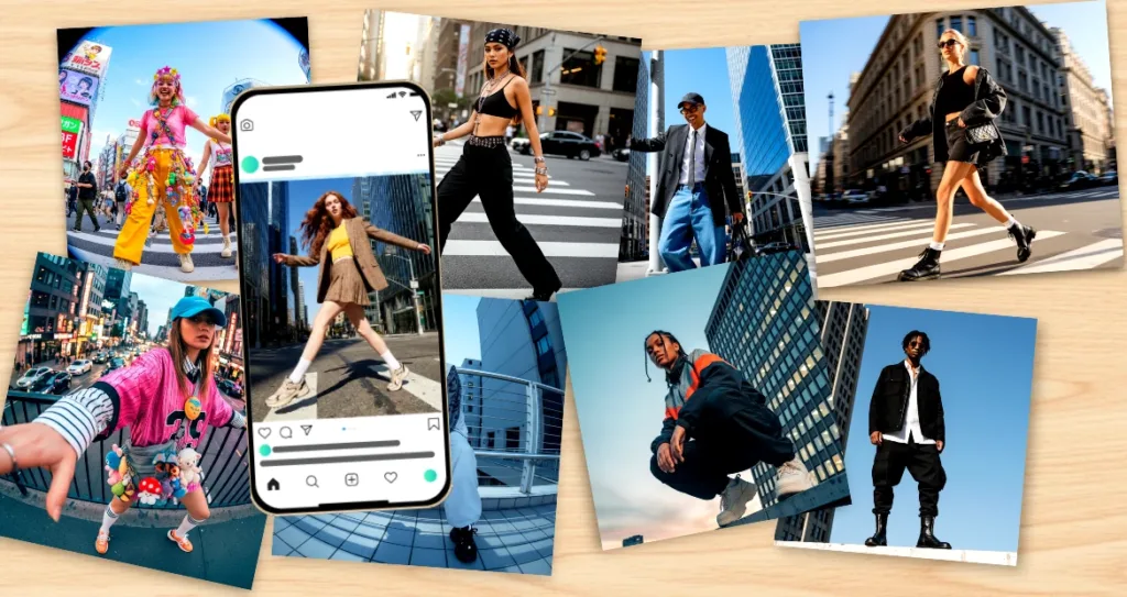 Collage of street-style fashion photos and a social media feed, illustrating how authentic, candid images tell more engaging visual stories than perfectly edited photos.