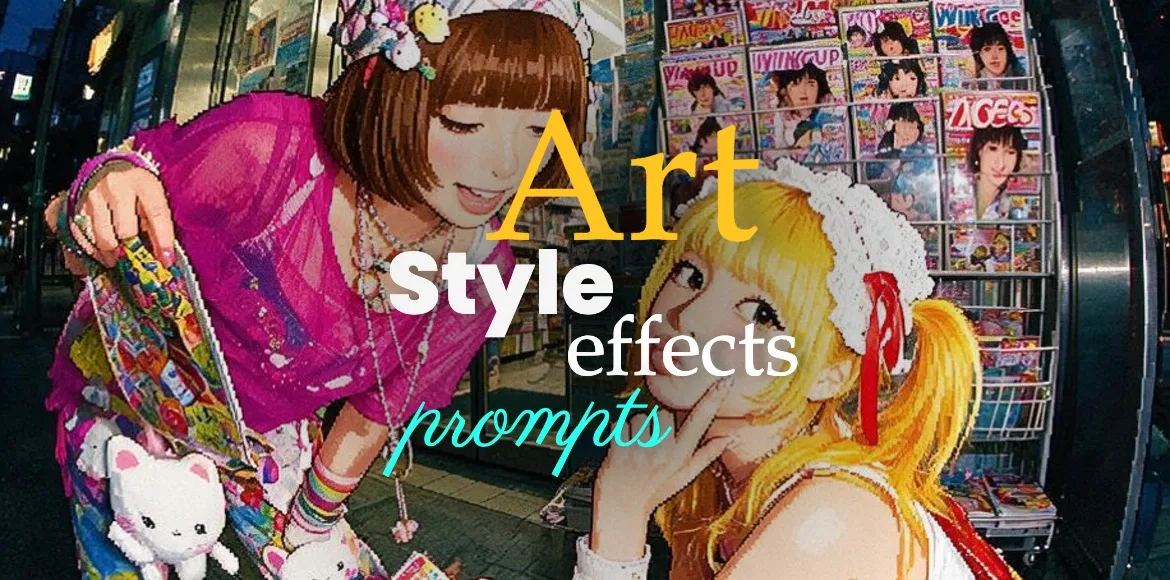 Two girls in colorful Harajuku street fashion at a night magazine stand, rendered in a vivid anime illustration style, with the text 'Art Style Effects Prompts' overlaid.