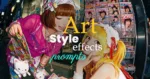 Two girls in colorful Harajuku street fashion at a night magazine stand, rendered in a vivid anime illustration style, with the text 'Art Style Effects Prompts' overlaid.