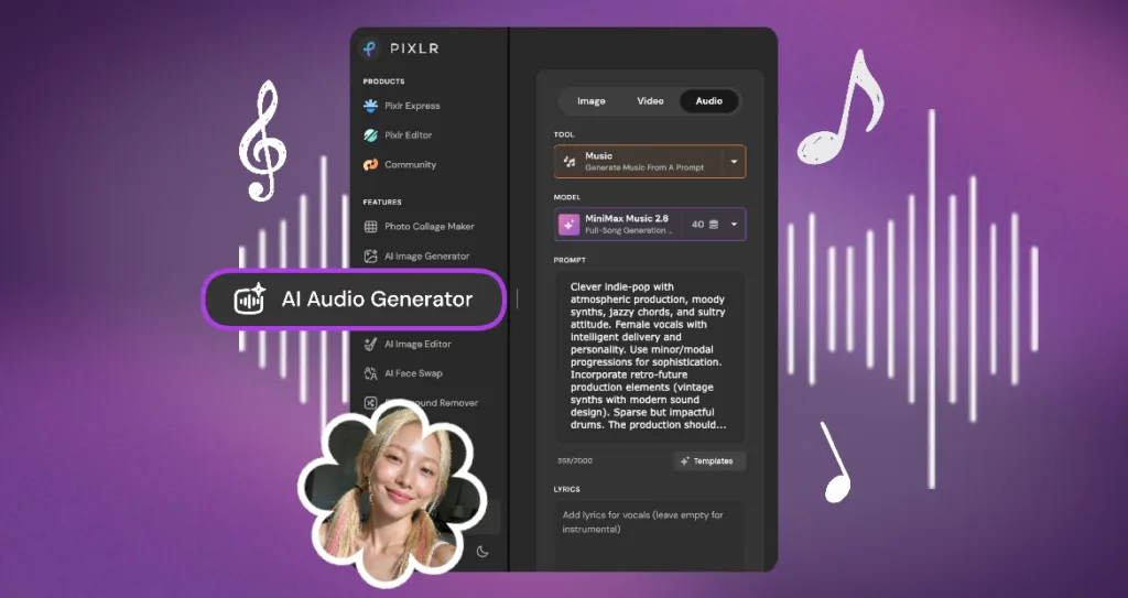 Pixlr AI Audio Generator interface showing the MiniMax Music 2.6 model and a mood-based prompt for generating indie-pop music, set against a purple background with music note illustrations.