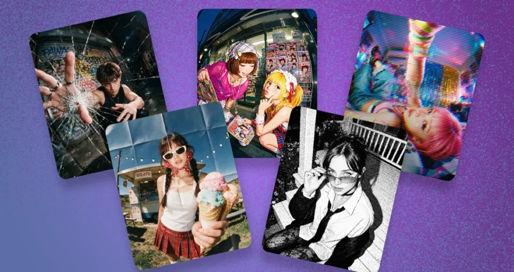 Five photos styled with different AI art effects: a cracked glass editorial shot, a retro film gelato scene, an anime pixel-art Harajuku illustration, a grainy black-and-white fashion portrait, and a holographic glitch effect portrait.