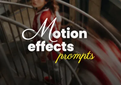 `"Motion effects prompts" blog cover image showing a woman in a red and white jacket walking down a spiral staircase with motion blur`