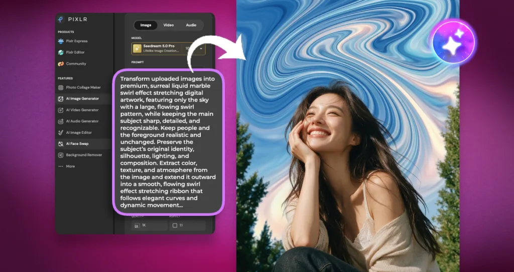 Pixlr AI Image Generator interface showing a liquid marble swirl prompt on the left, with the resulting image on the right of a smiling woman against a surreal blue swirling sky background.