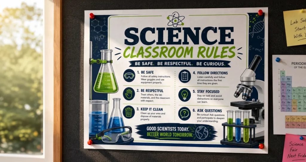 Science Classroom Rules poster pinned to a bulletin board, listing six numbered rules like being safe and asking questions, illustrated with lab beakers, goggles, and a microscope
