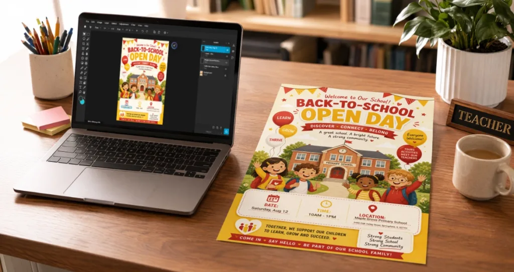 Laptop showing a Pixlr editing session next to a printed 'Back-to-School Open Day' flyer with illustrated kids, a school building, and event date and location details."