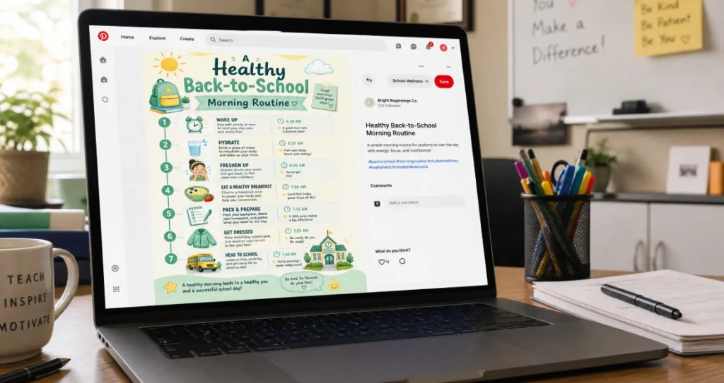 Laptop displaying a Pinterest pin titled 'A Healthy Back-to-School Morning Routine,' showing a seven-step illustrated infographic covering waking up, hydrating, and heading to school