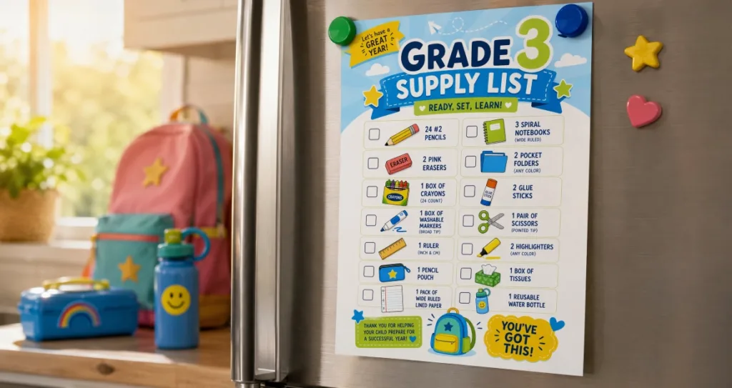 Grade 3 school supply list poster with a checklist of items like pencils, notebooks, and glue sticks, magneted to a refrigerator near backpacks and a lunchbox