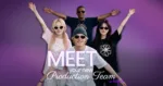 Four young people wearing sunglasses and matching floral graphic tees pose with raised arms against a purple gradient background, with text reading 'Meet your new Production Team in Pixlr.