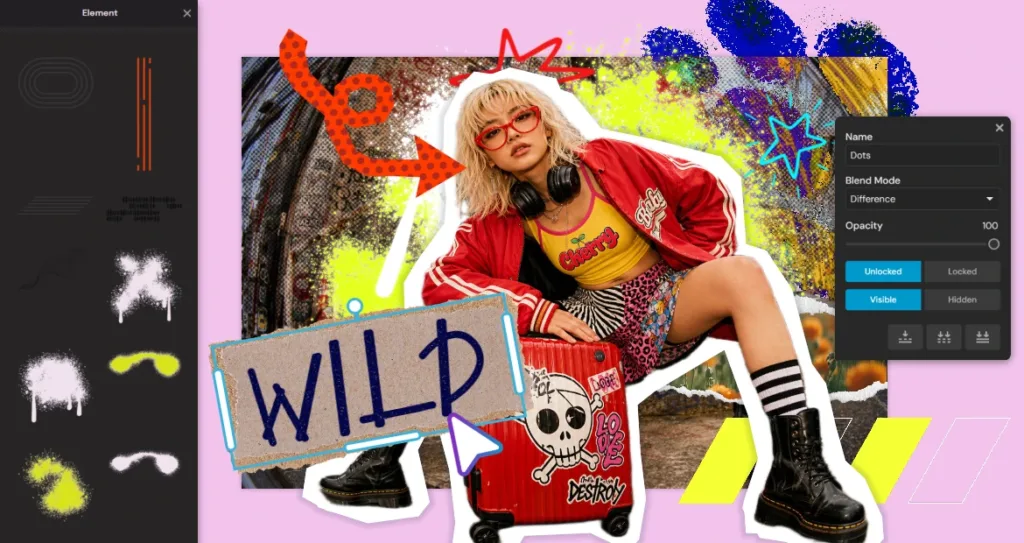 Pixlr Element and layer settings panels shown alongside an edgy scrapbook-style collage of a woman in a red bomber jacket sitting on a skull-decorated suitcase with a 'Wild' cardboard sign.