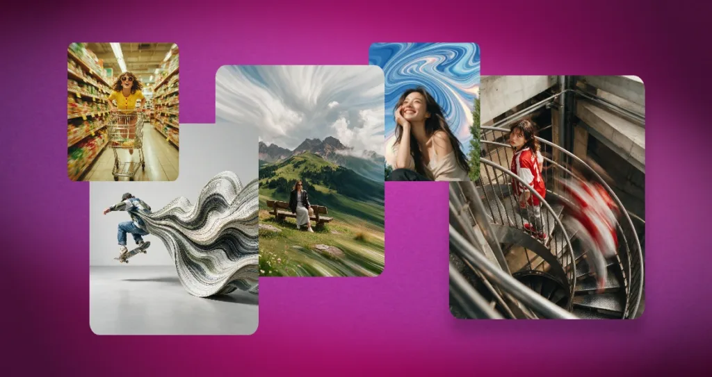 Collection of AI-generated motion effects showcasing radial motion blur, flowing pixel ribbons, liquid marble swirl, pixel stretch, and cinematic motion blur created with Pixlr AI Image Generator.