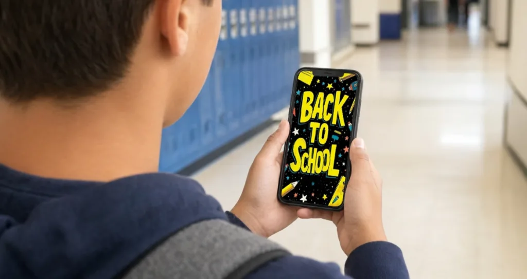 Student standing in a school hallway with lockers, viewing a bold yellow 'Back to School' graphic with star and pencil doodles on a smartphone."