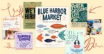 Collage of hand-drawn style graphic designs including a 'Blue Harbor Market' poster, 'Porch Sessions Live Music' flyer, skincare ad, and yoga event poster, showcasing an illustrated, human-touch design trend.