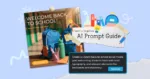 "Pixlr Text to Graphics AI Prompt Guide featuring a back-to-school social media graphic with 'Welcome Back to School' text, blue backpacks, stationery, and an example AI prompt for generating vibrant back-to-school visuals."