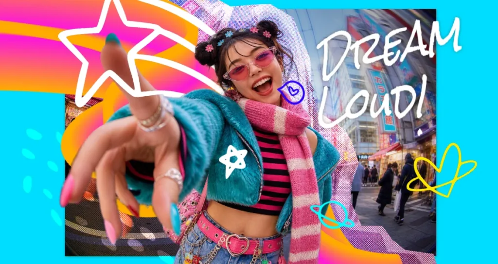 Woman in vibrant streetwear with pink sunglasses and hair buns posing on a city street, surrounded by bold neon colors, star and heart doodles, and 'Dream Loud!' text.