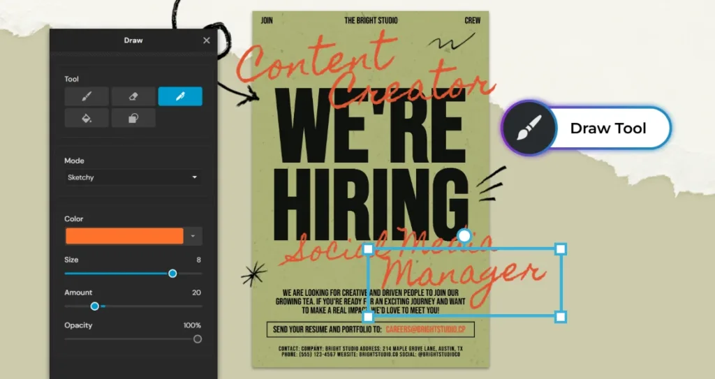 Pixlr Draw Tool panel with sketchy brush settings shown next to a 'We're Hiring: Content Creator, Social Media Manager' poster featuring hand-drawn style typography and doodles.