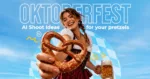 Woman in traditional Bavarian dirndl holding a pretzel and beer mug, with "Oktoberfest AI Shoot Ideas for your pretzels" text on blue sky background.