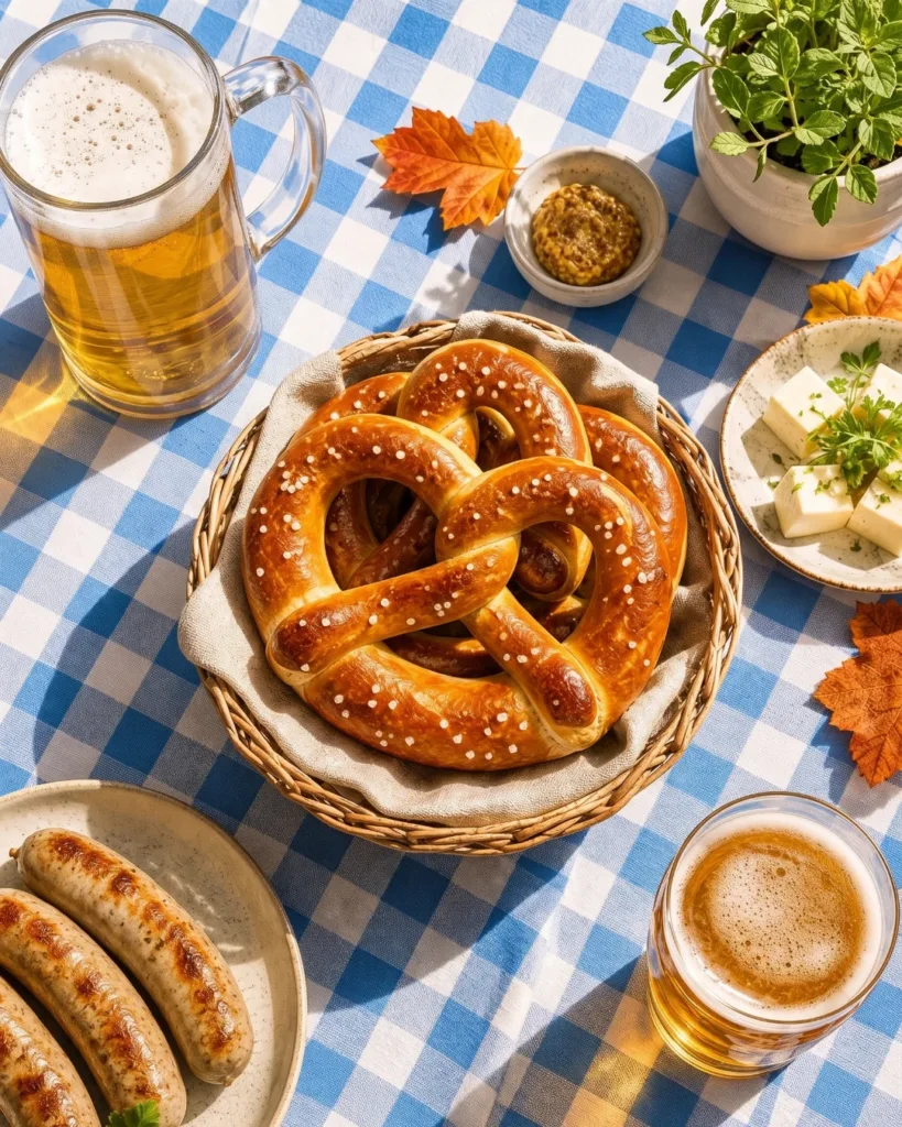 Overhead flat lay of pretzels in a basket with beer, mustard, cheese, and bratwurst on a blue checkered tablecloth.