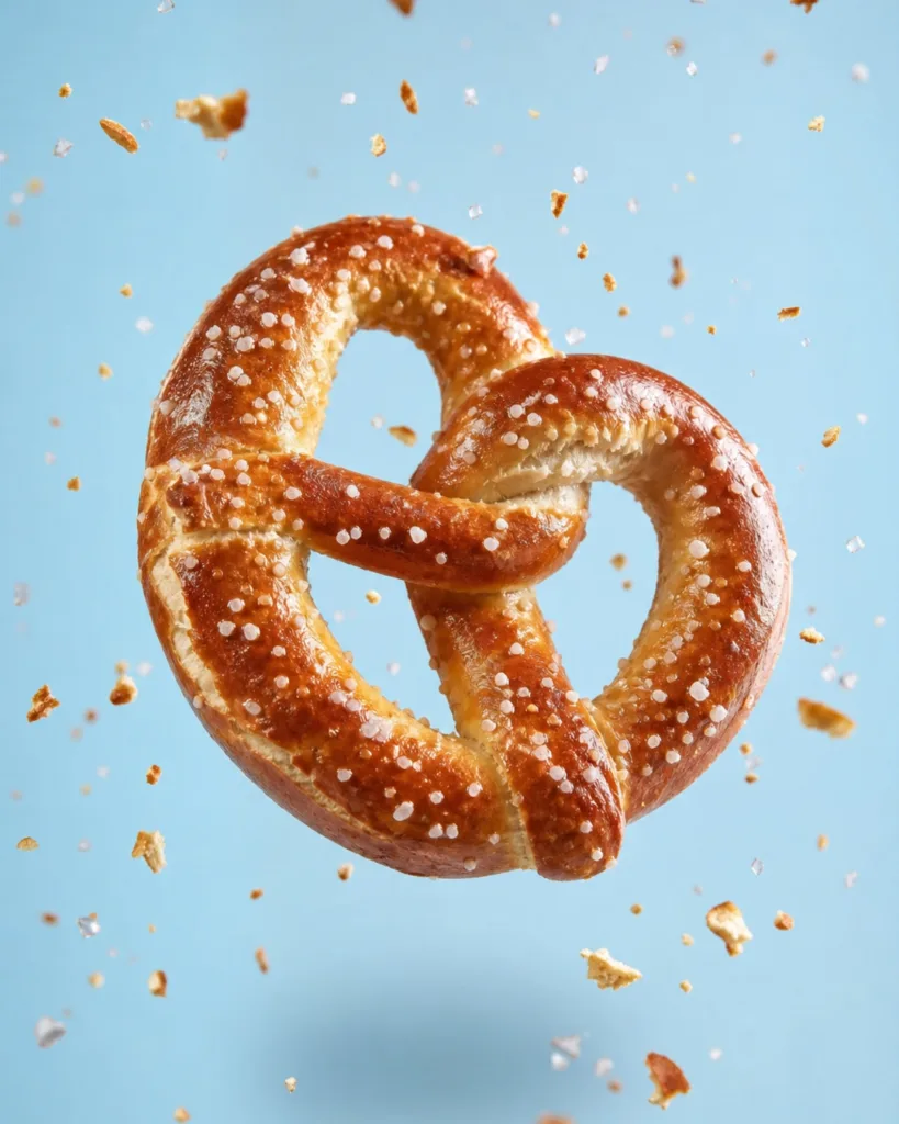 Floating salted pretzel with crumbs and salt crystals suspended in air against a light blue background.