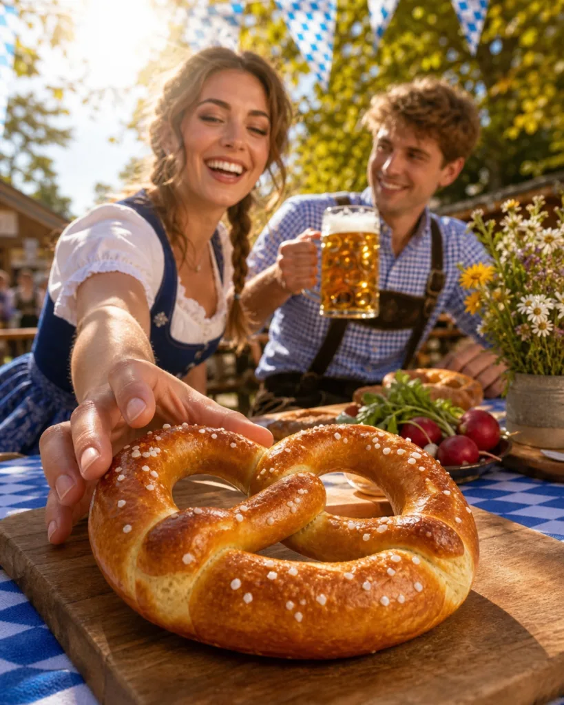 Couple in Bavarian outfits reaching for a pretzel at an outdoor Oktoberfest table with beer and radishes.