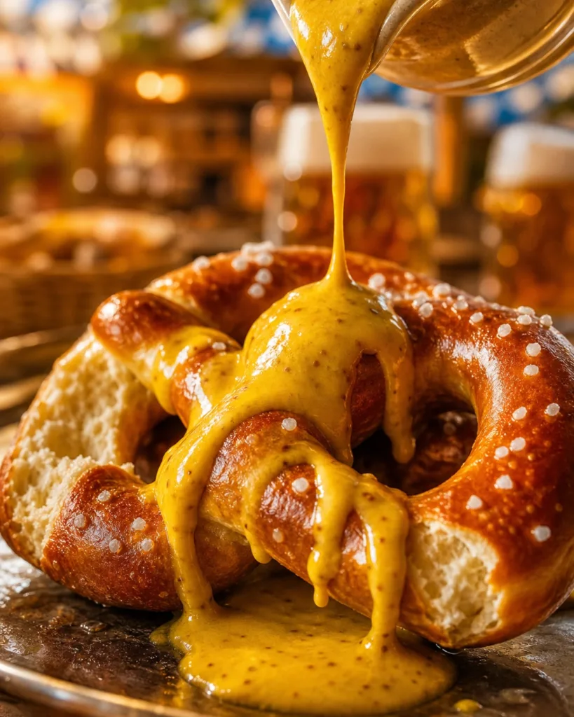 Close-up macro shot of mustard being poured over a torn pretzel with beer mugs blurred in the background.