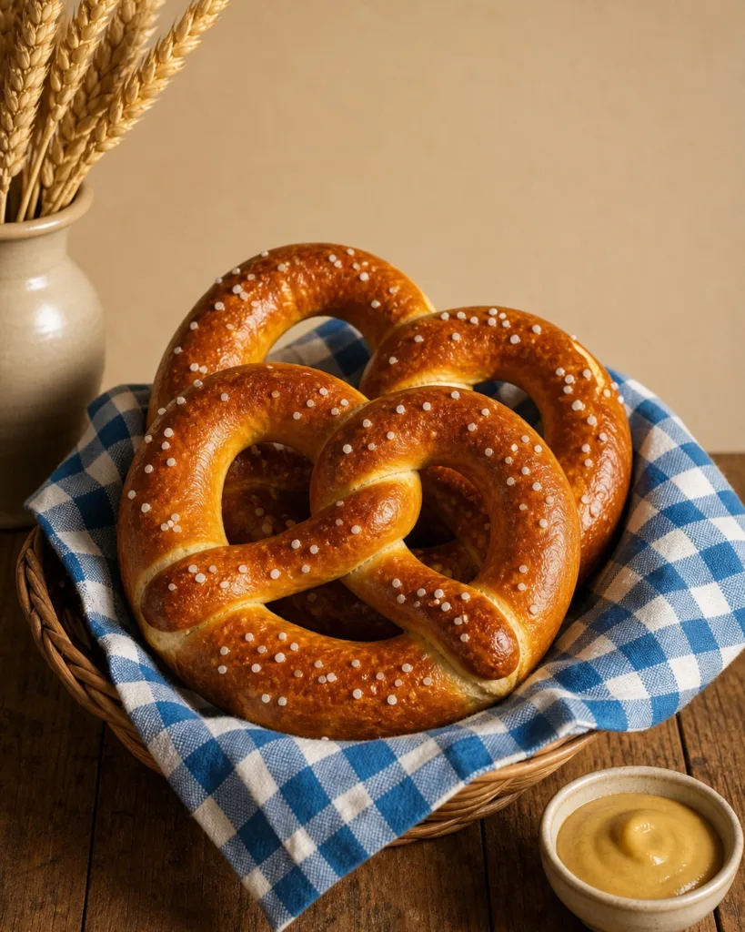 Two soft pretzels in a checkered basket with mustard and wheat stalks on a rustic wooden table.