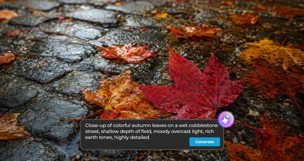 Close-up of red and orange autumn leaves scattered on a wet cobblestone street, with an AI prompt overlay describing the moody, rain-soaked scene.