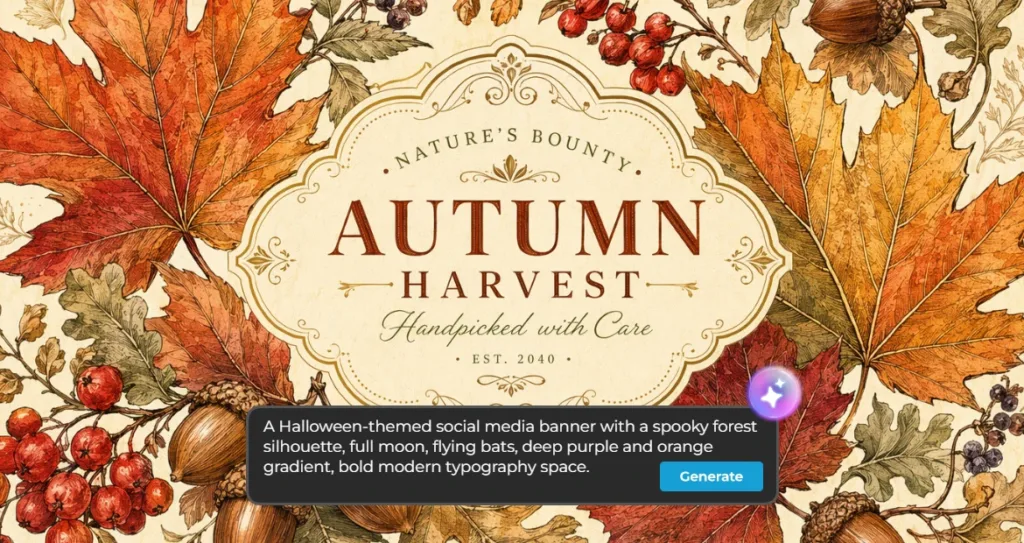 Vintage-style 'Autumn Harvest' botanical illustration with ornate typography, surrounded by hand-drawn maple leaves, acorns, and berries, with an AI prompt overlay for a Halloween banner.