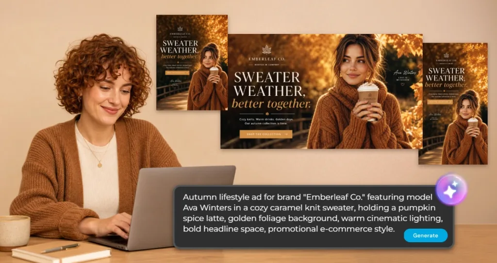 Woman working on a laptop beside a set of 'Emberleaf Co.' seasonal ad graphics featuring a model in a knit sweater with a 'Sweater Weather, better together' tagline, and an AI prompt overlay