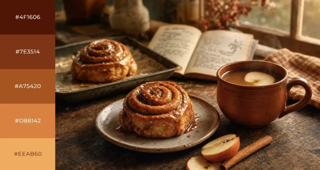 Warm neutral autumn color palette swatches beside a photo of cinnamon rolls on a plate with a mug of spiced cider, apple slices, and cinnamon sticks on a rustic wooden table.
