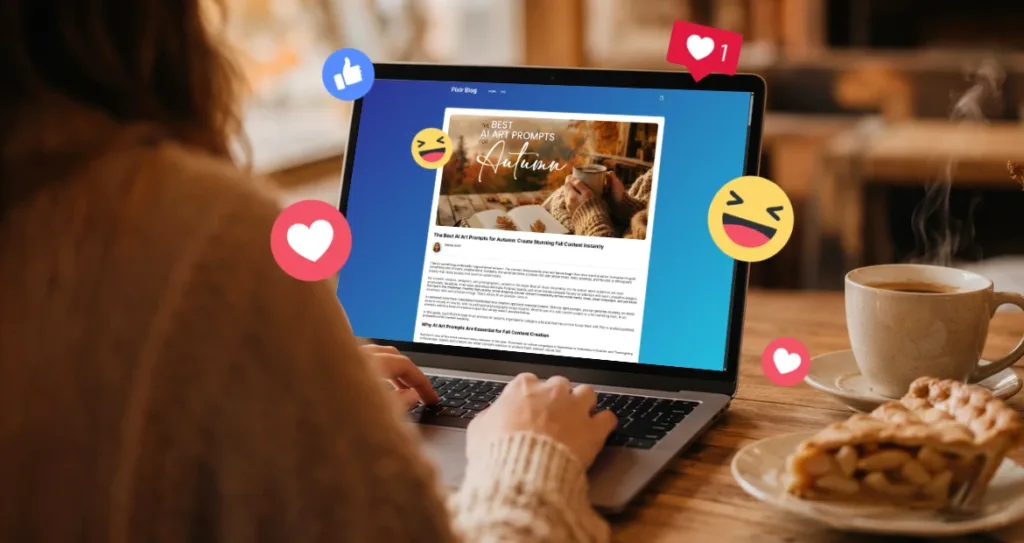 Person browsing the Pixlr blog on a laptop displaying 'The Best AI Art Prompts for Autumn' article, surrounded by social media reaction icons and a slice of apple pie on the table.