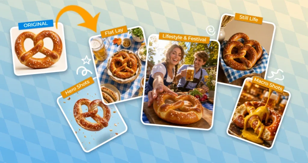Original pretzel photo transformed into five AI shoot styles: hero shot, flat lay, lifestyle and festival, still life, and macro shot.